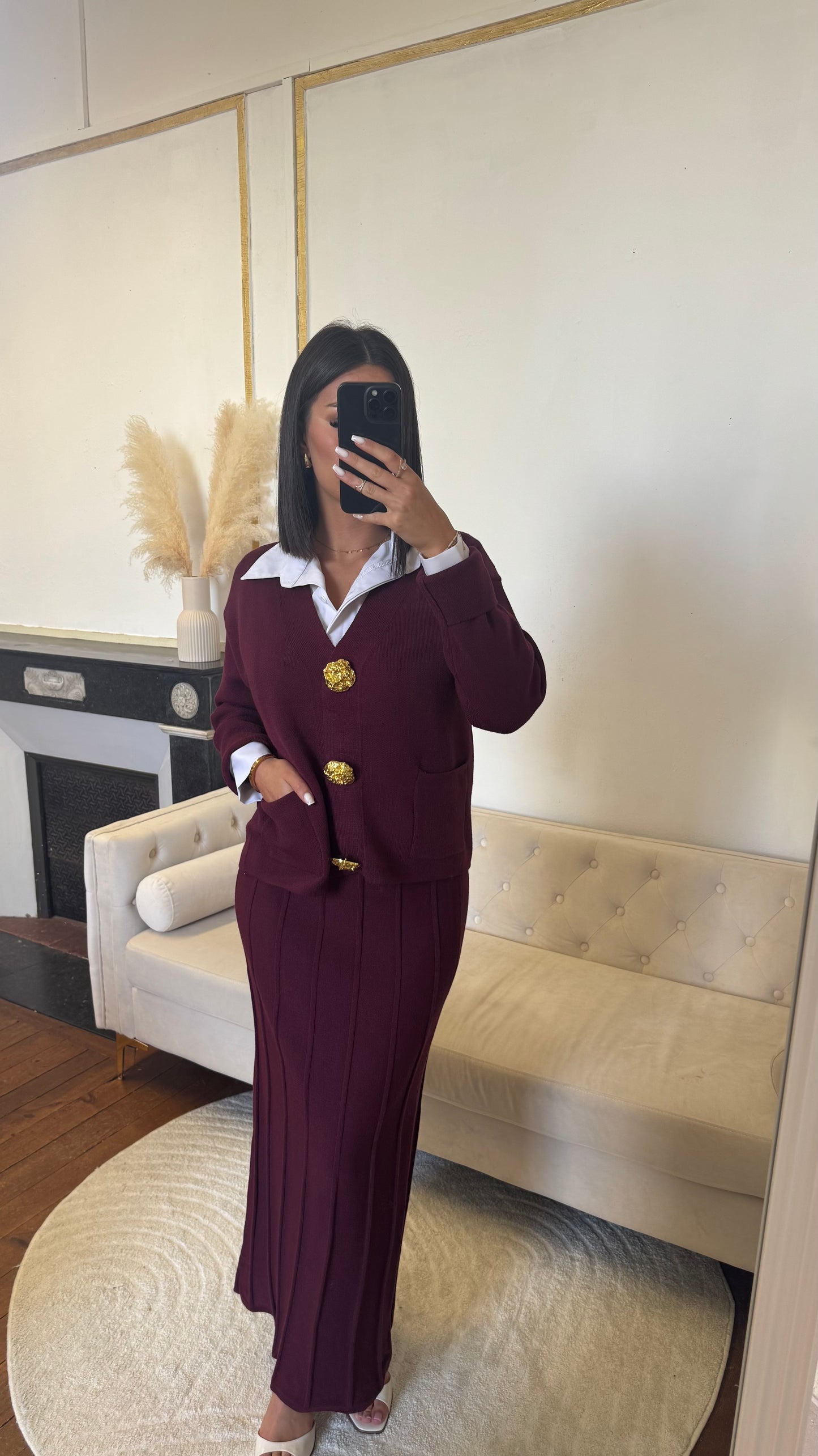 Ensemble gilet jupe rouge bordeaux