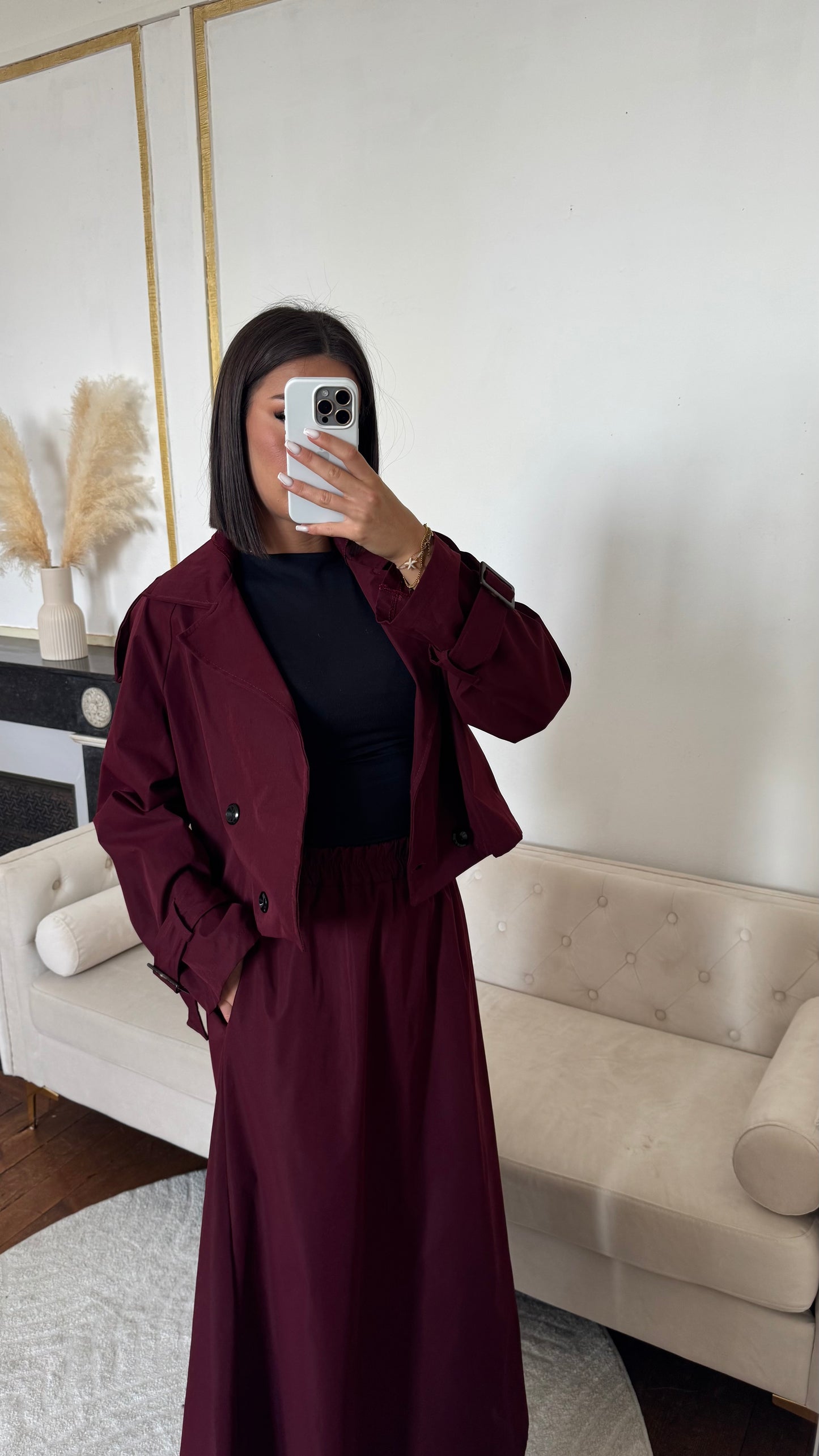 Ensemble trench jupe rouge bordeaux