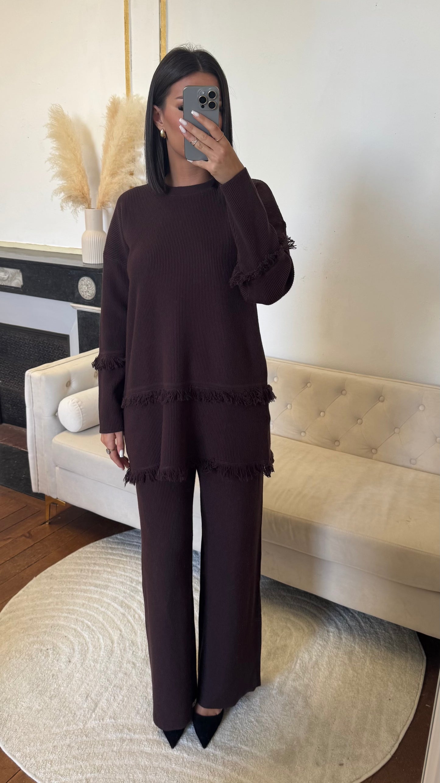 Ensemble pantalon haut froufrou marron