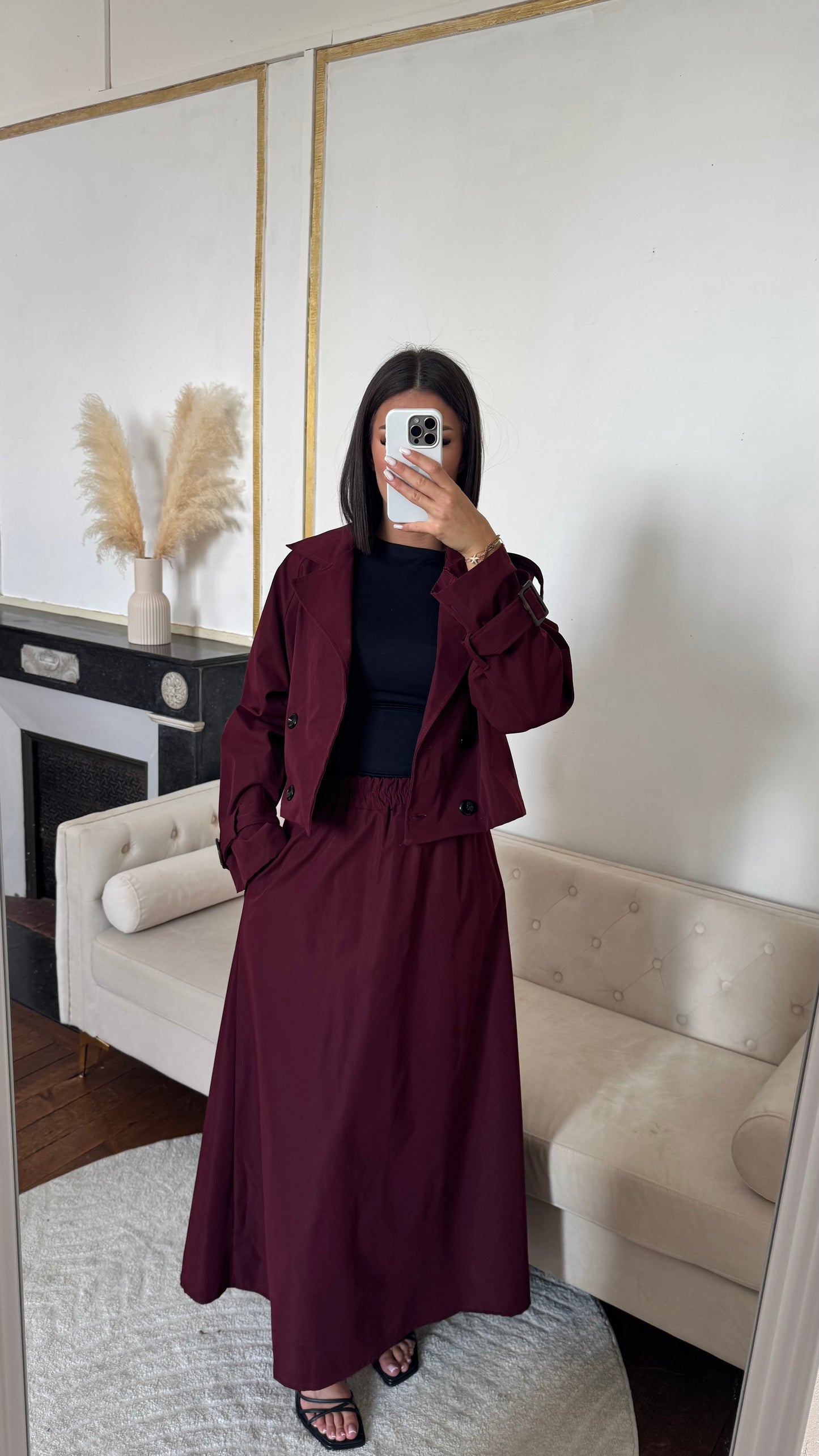 Ensemble trench jupe rouge bordeaux