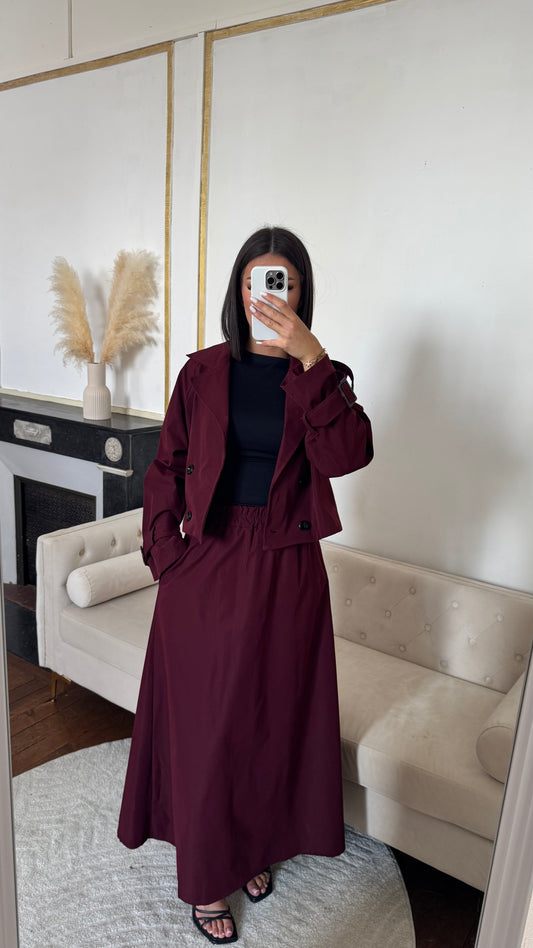 Ensemble trench jupe rouge bordeaux