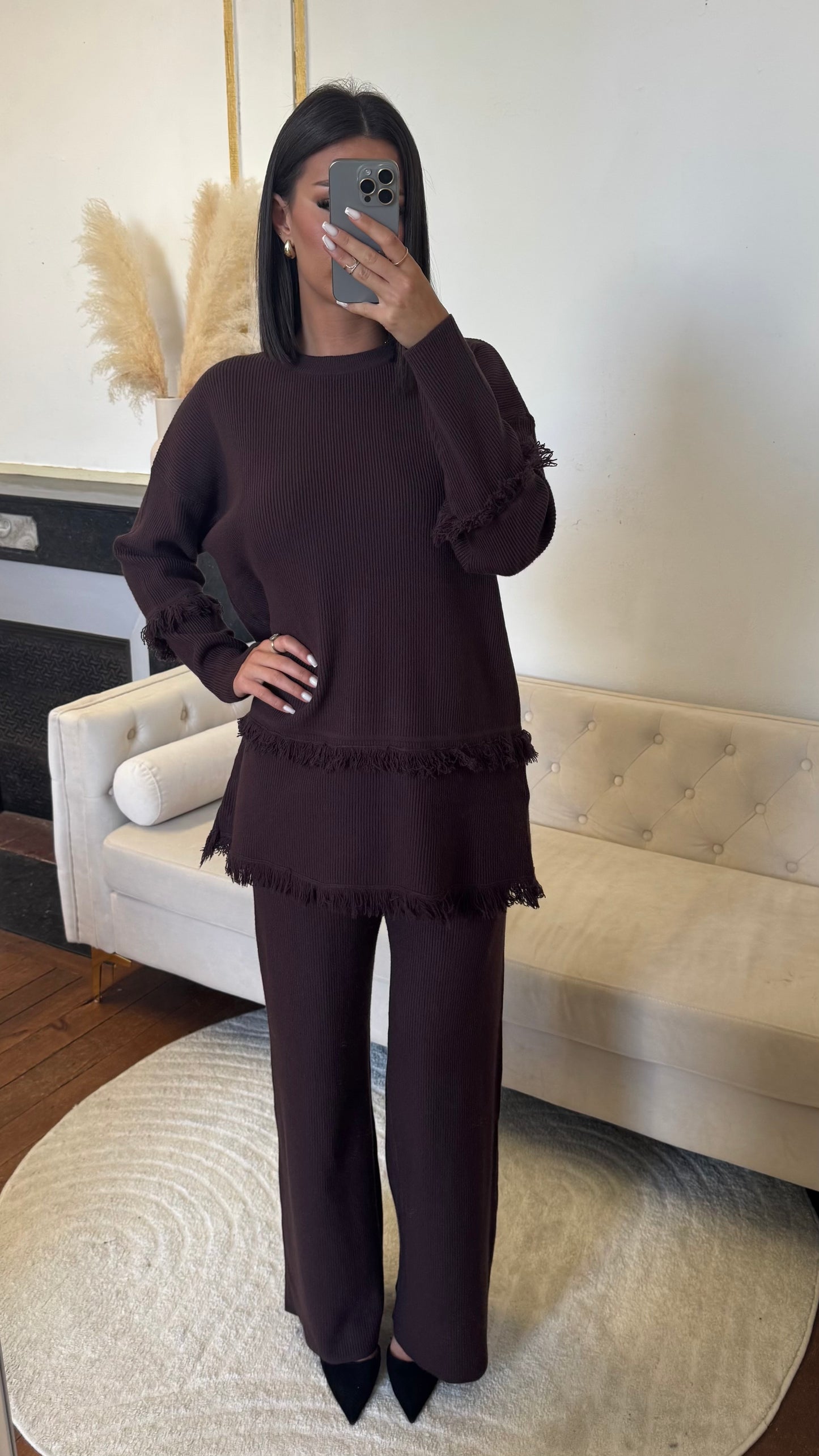 Ensemble pantalon haut froufrou marron