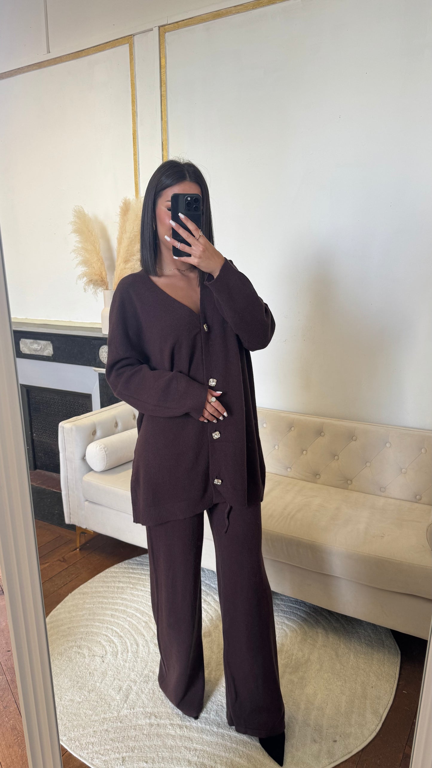 Ensemble pantalon gilet marron bouton dorée