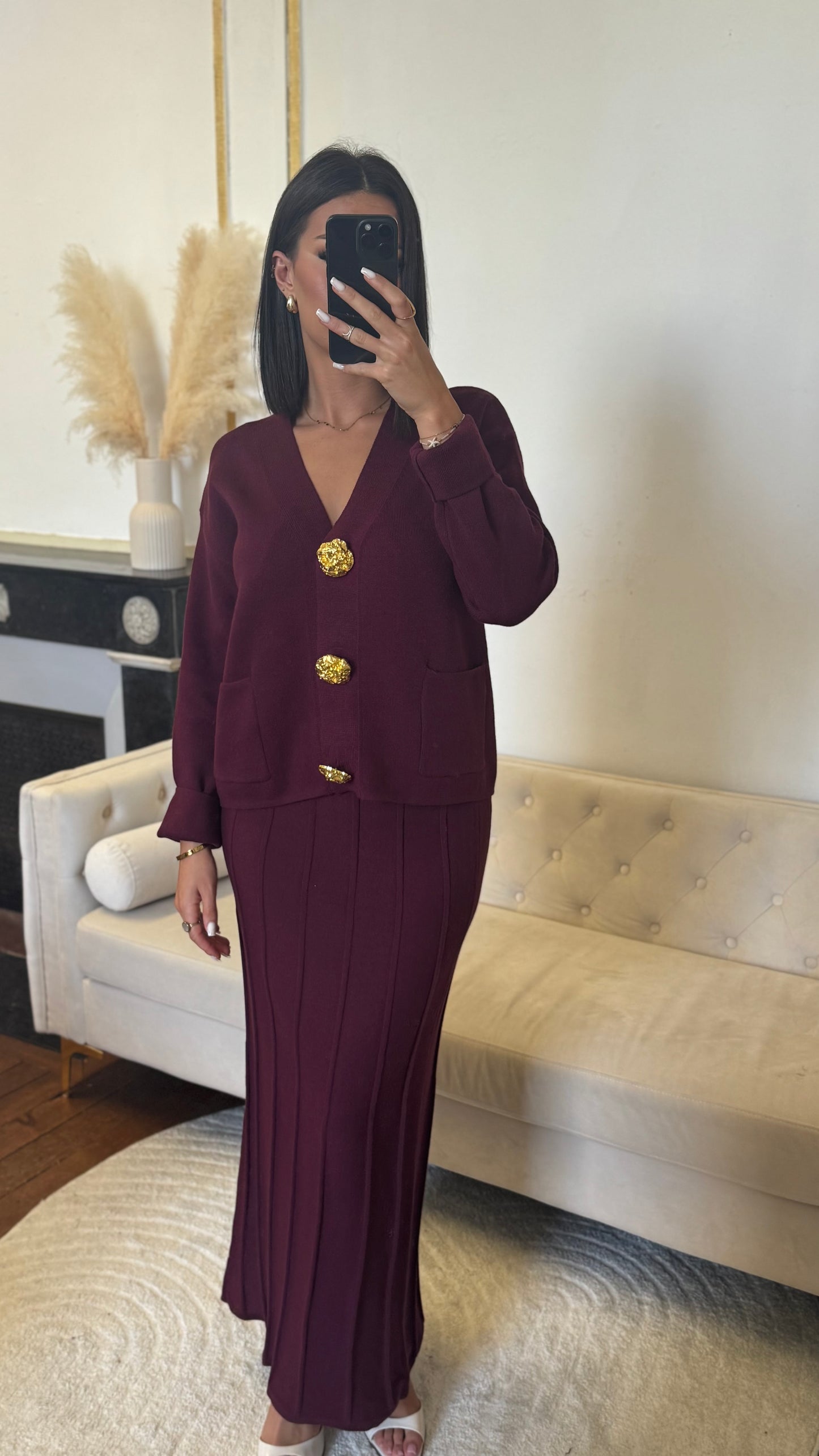 Ensemble gilet jupe rouge bordeaux