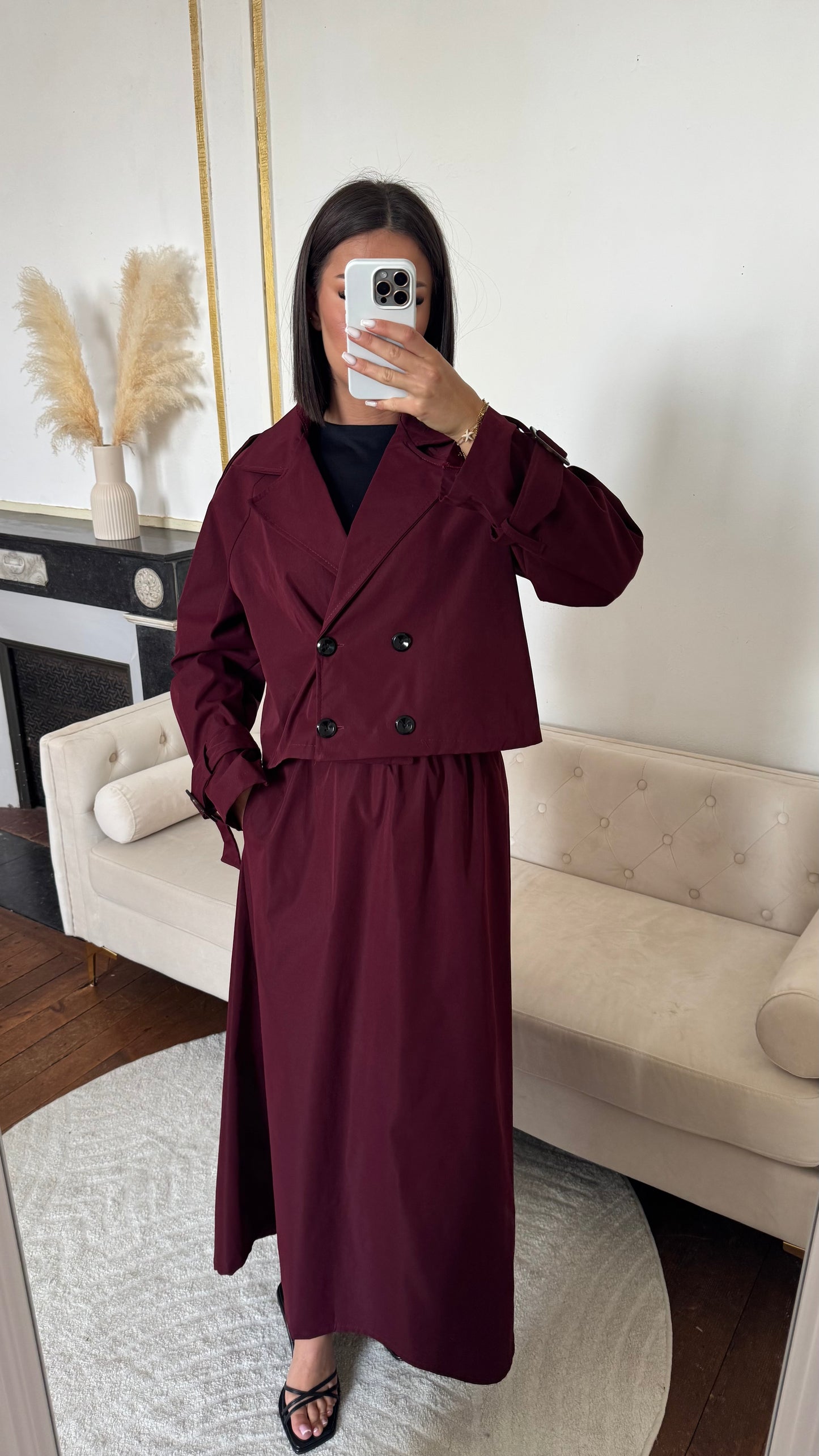 Ensemble trench jupe rouge bordeaux