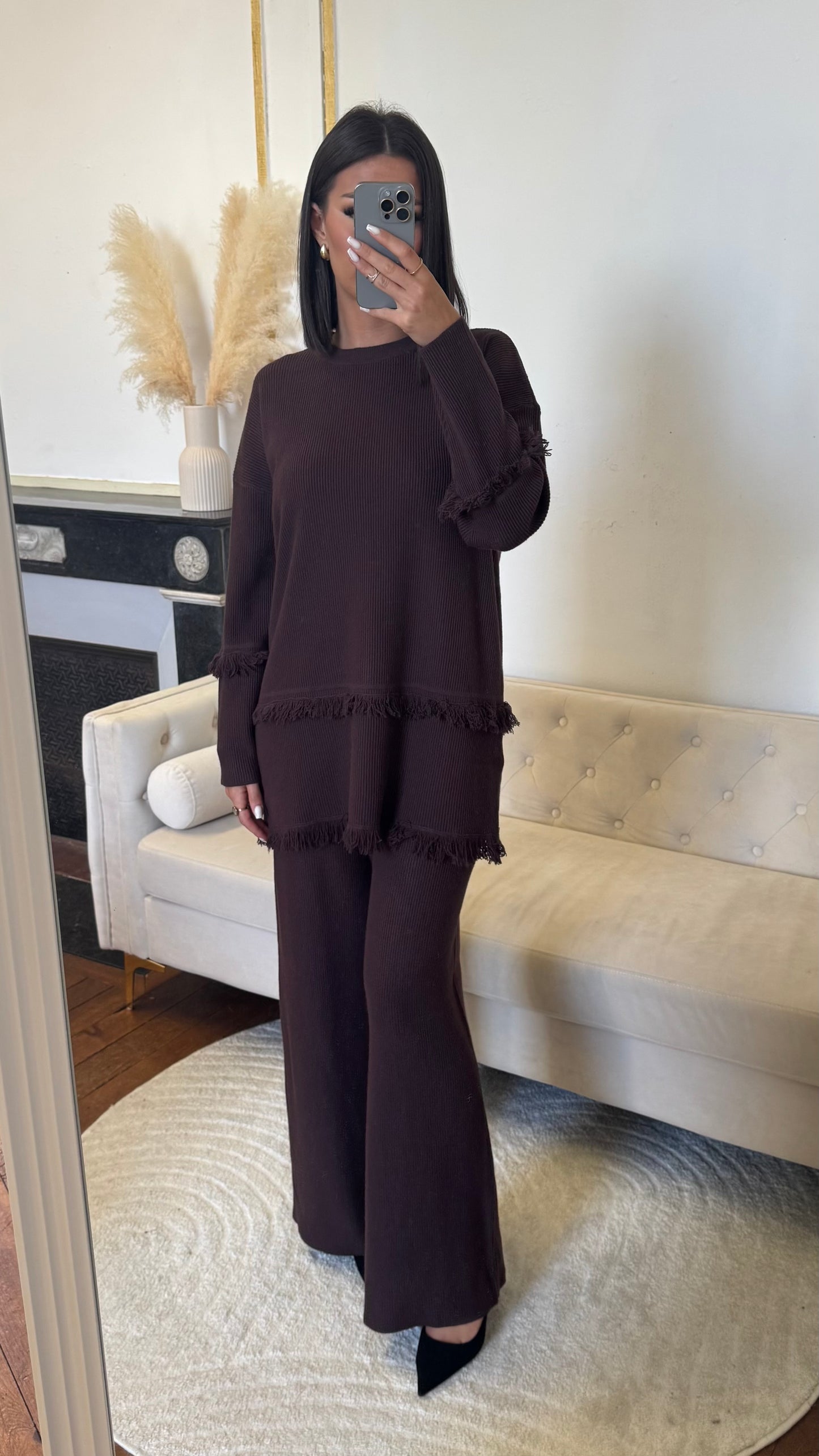Ensemble pantalon haut froufrou marron
