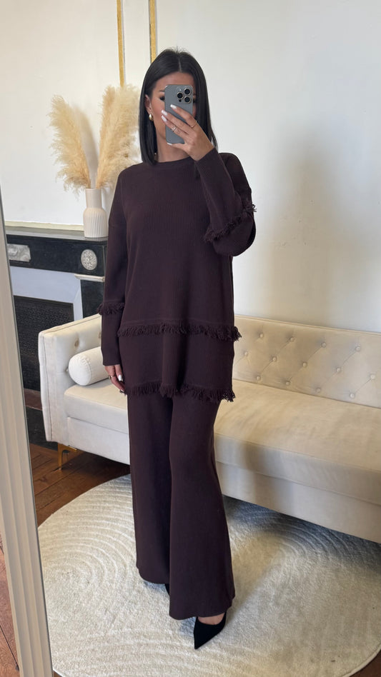 Ensemble pantalon haut froufrou marron