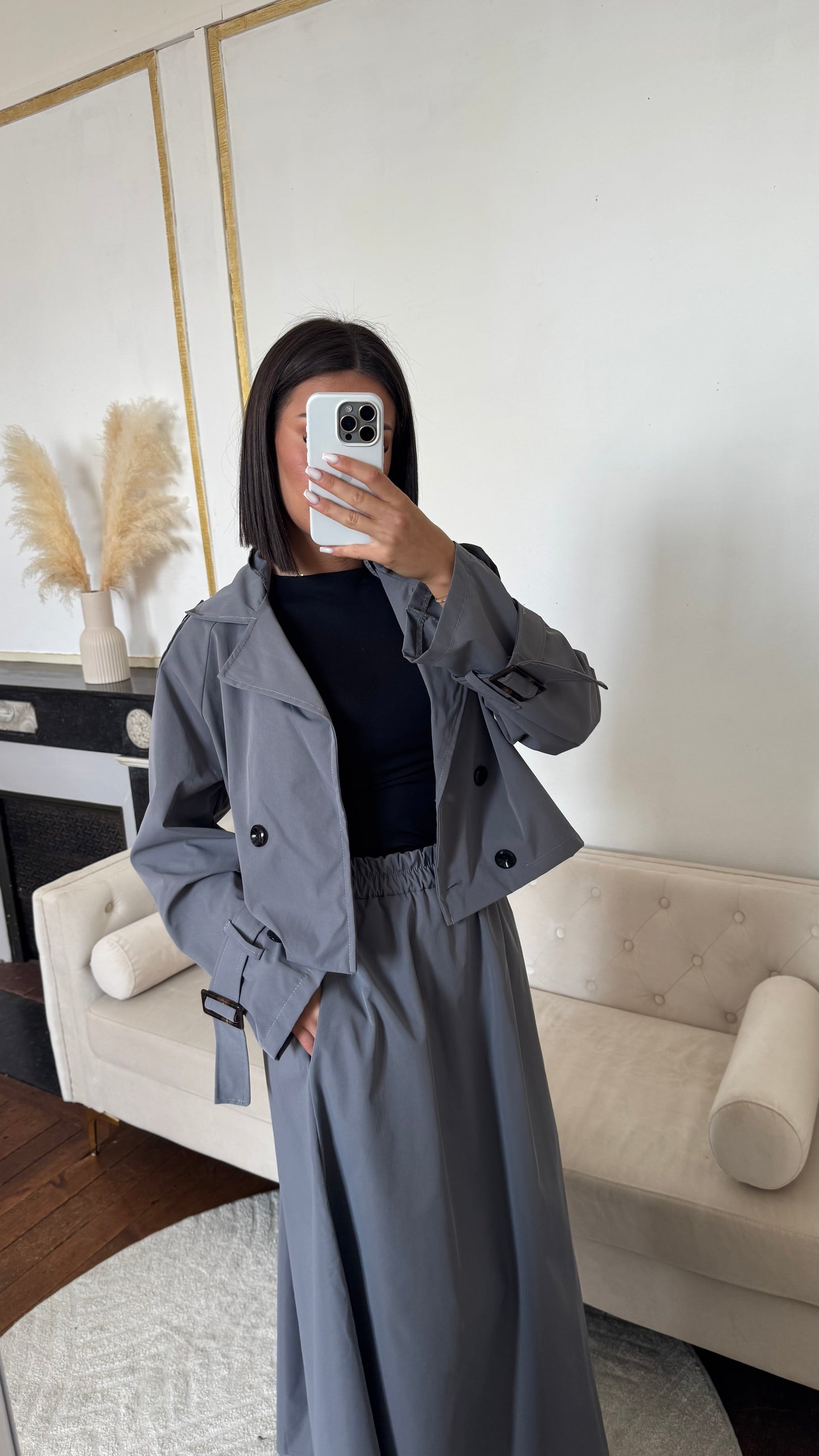 Ensemble trench jupe gris