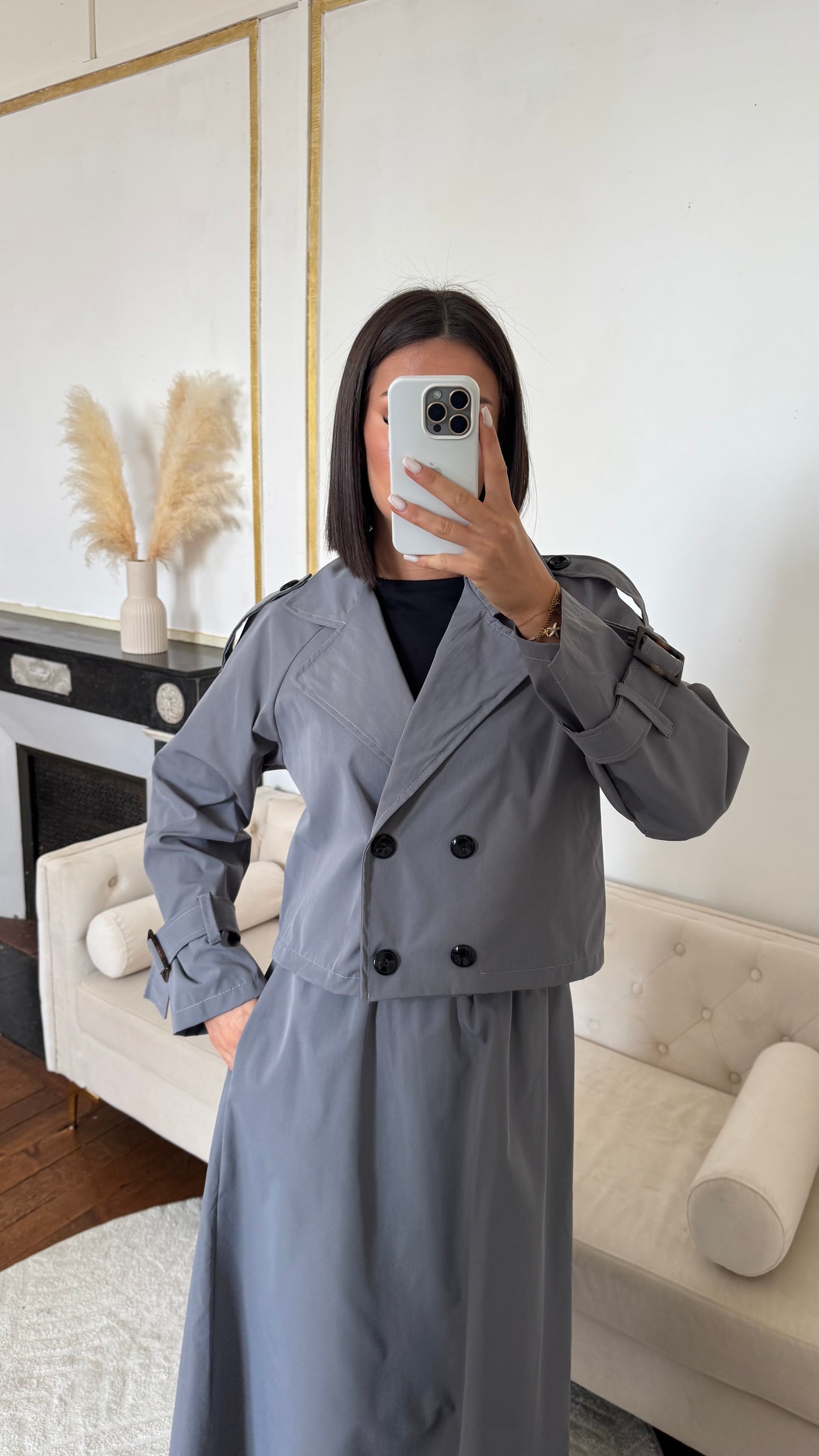 Ensemble trench jupe gris