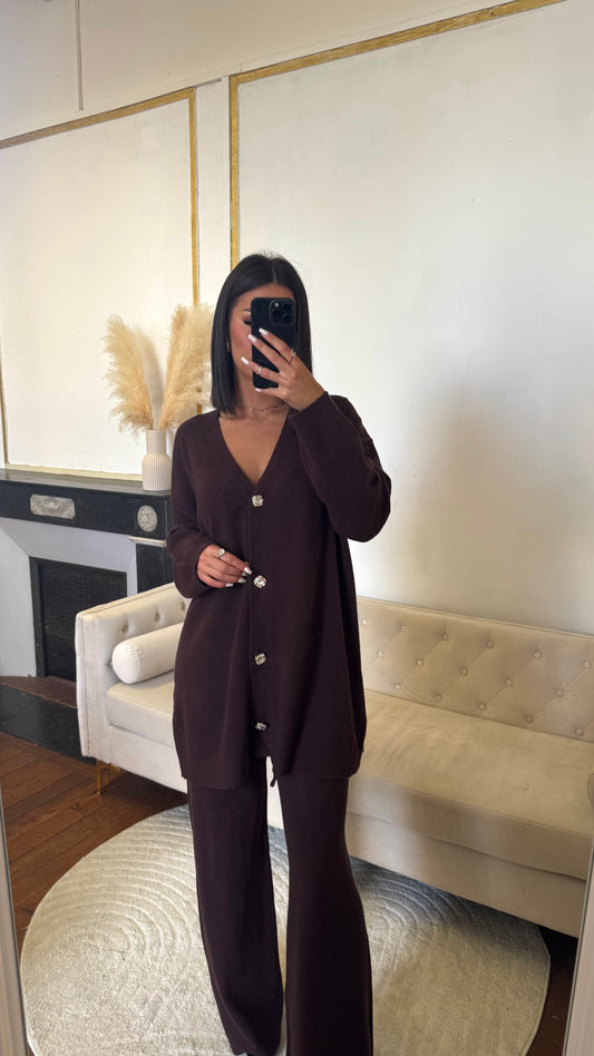 Ensemble pantalon gilet marron bouton dorée